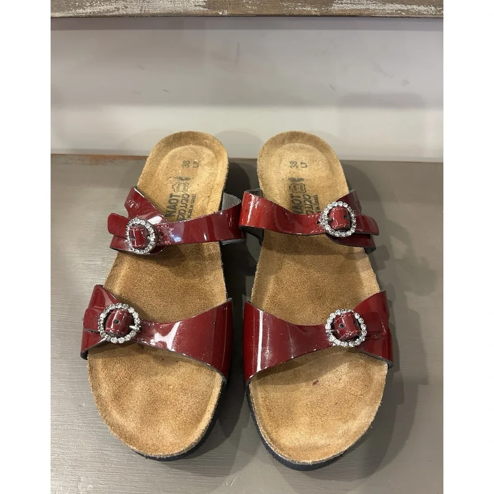 Naot Women's Size 38 US‎ 7 Wedge Sandals Red Leather Double Strap Buckle